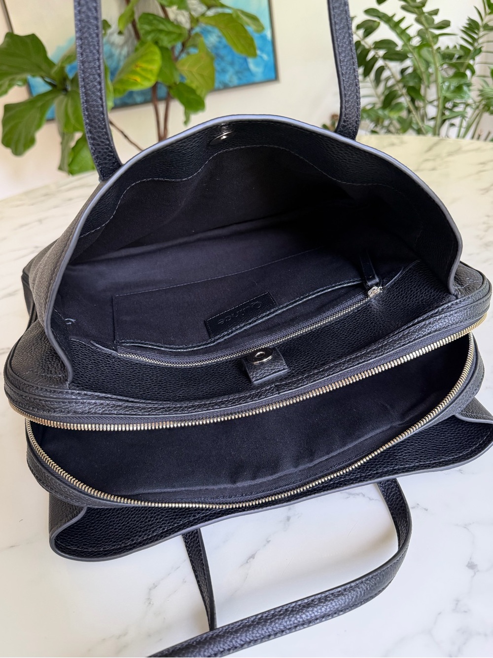 Quince Italian Leather Triple Compartment Work Tote Black Laptop Shoulder Bag - Picture 12 of 14